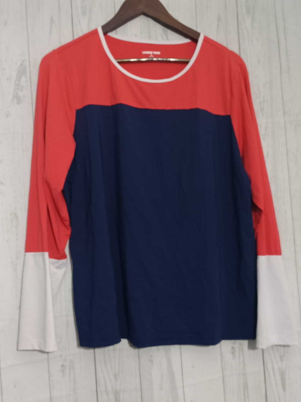 Lands' End Colorblock Long Sleeve Top — Navy, Coral & White Sz 1X